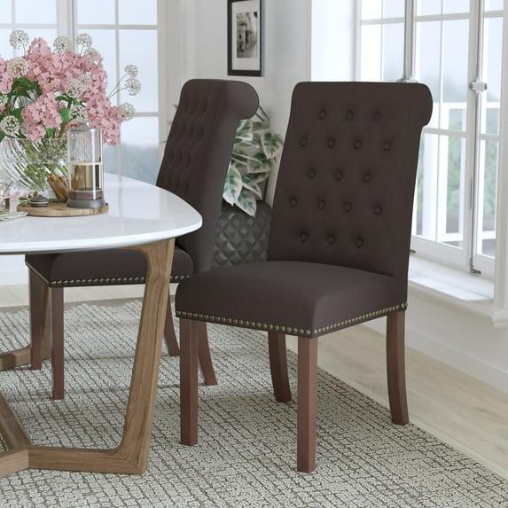 Emma + Oliver Brown Fabric Parsons Chair with Rolled Back & Nail Trim