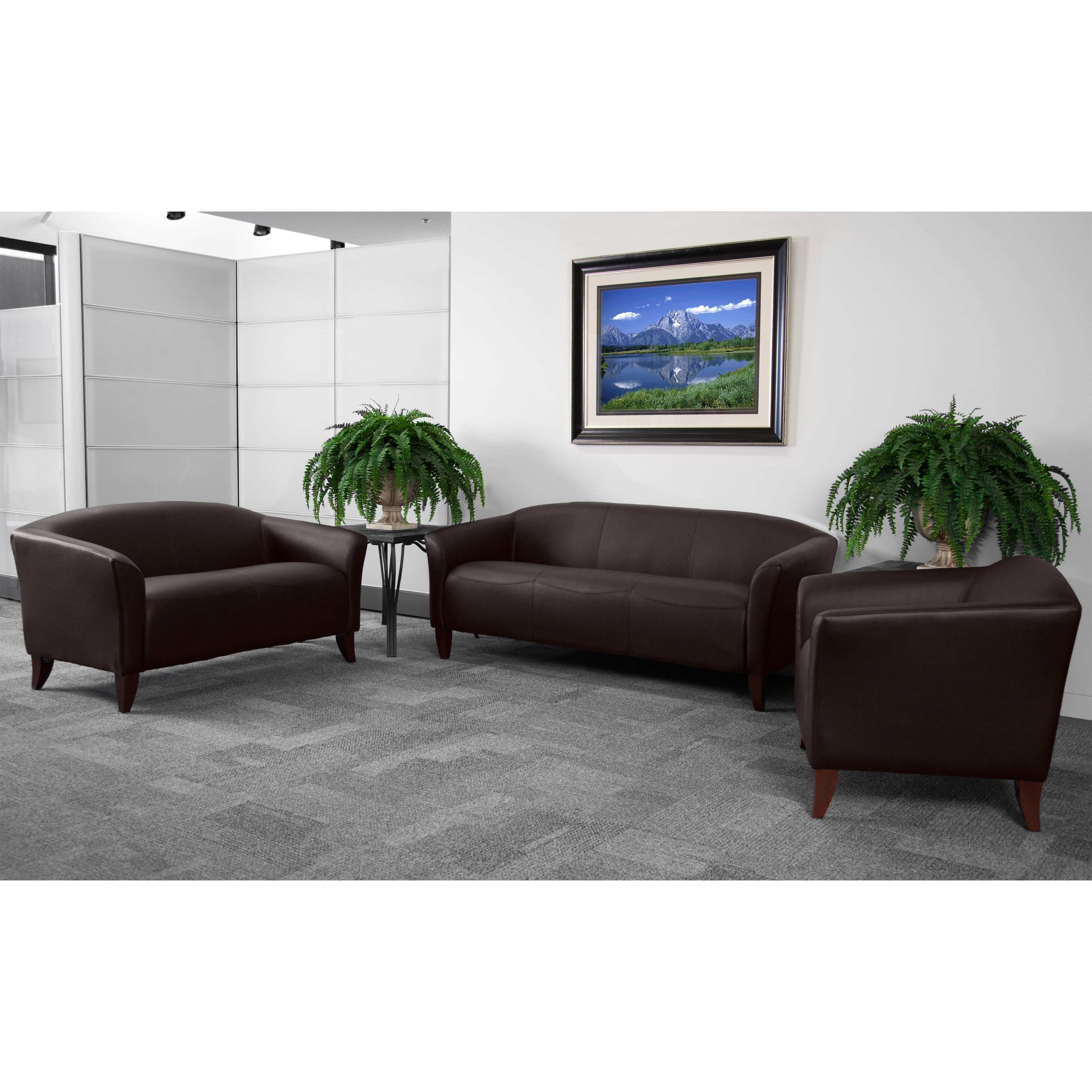 Brown Faux Leather Reception Loveseat with Wood Feet
