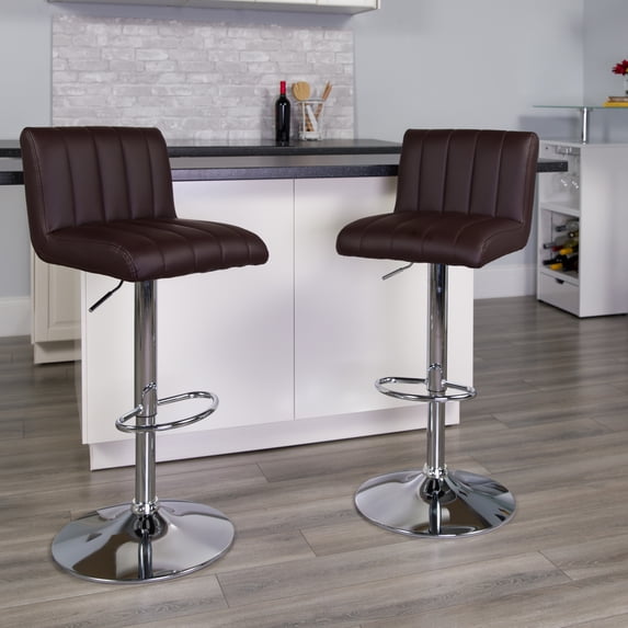 Emma + Oliver Brown Vinyl Adjustable Height Vertical Stitch Back/Seat Barstool