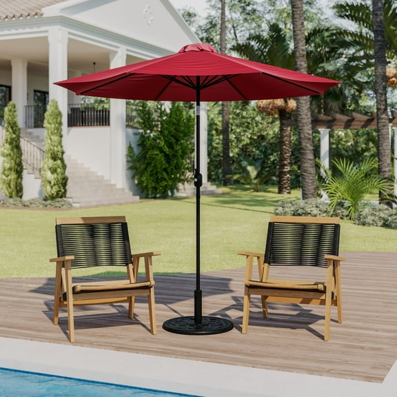 Emma + Oliver Bundled Set - Red 9 FT Round Umbrella & Universal Black Cement Waterproof Base