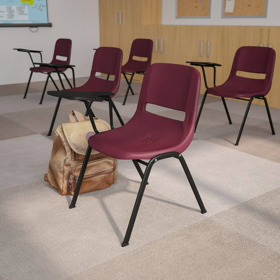 Emma + Oliver Burgundy Ergonomic Shell Chair with Left Handed Flip-Up Tablet - Tablet Arm Desk