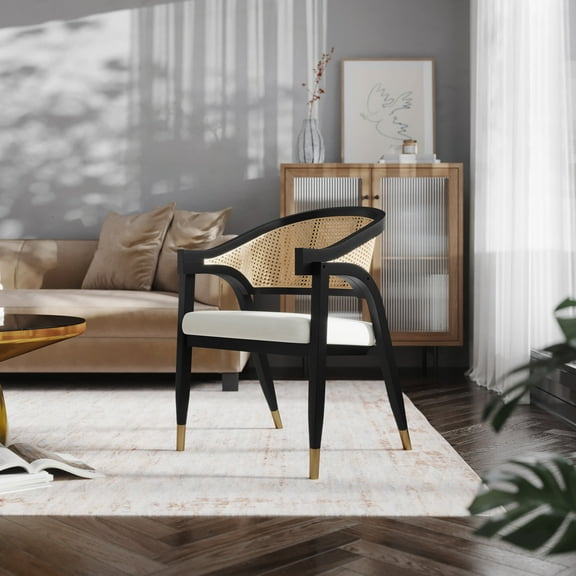 Emma + Oliver Cane Rattan Dining or Accent Chair with Black Solid Wood Frame, Natural Woven Backrest and Beige Cushioned Seat