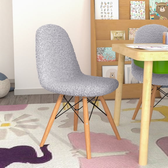 Emma + Oliver Children's Gray Faux Faux Shearling Accent Chair with Beechwood Legs for Bedroom, Play Room and More