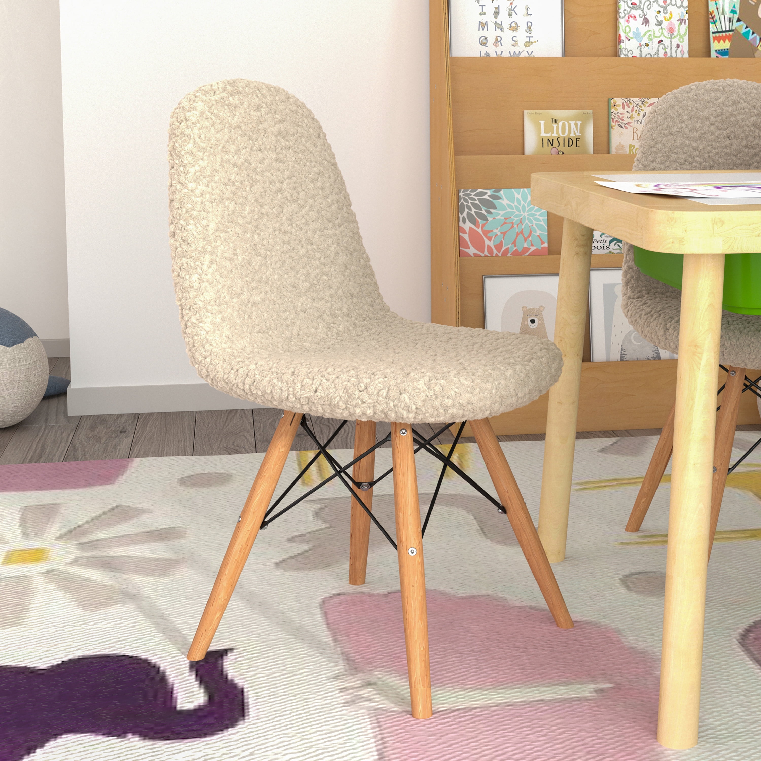 Emma Oliver Children s Off White Faux Faux Shearling Accent Chair with Beechwood Legs for Bedroom Play Room and More