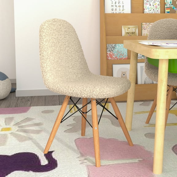Emma + Oliver Children's Off-White Faux Faux Shearling Accent Chair with Beechwood Legs for Bedroom, Play Room and More