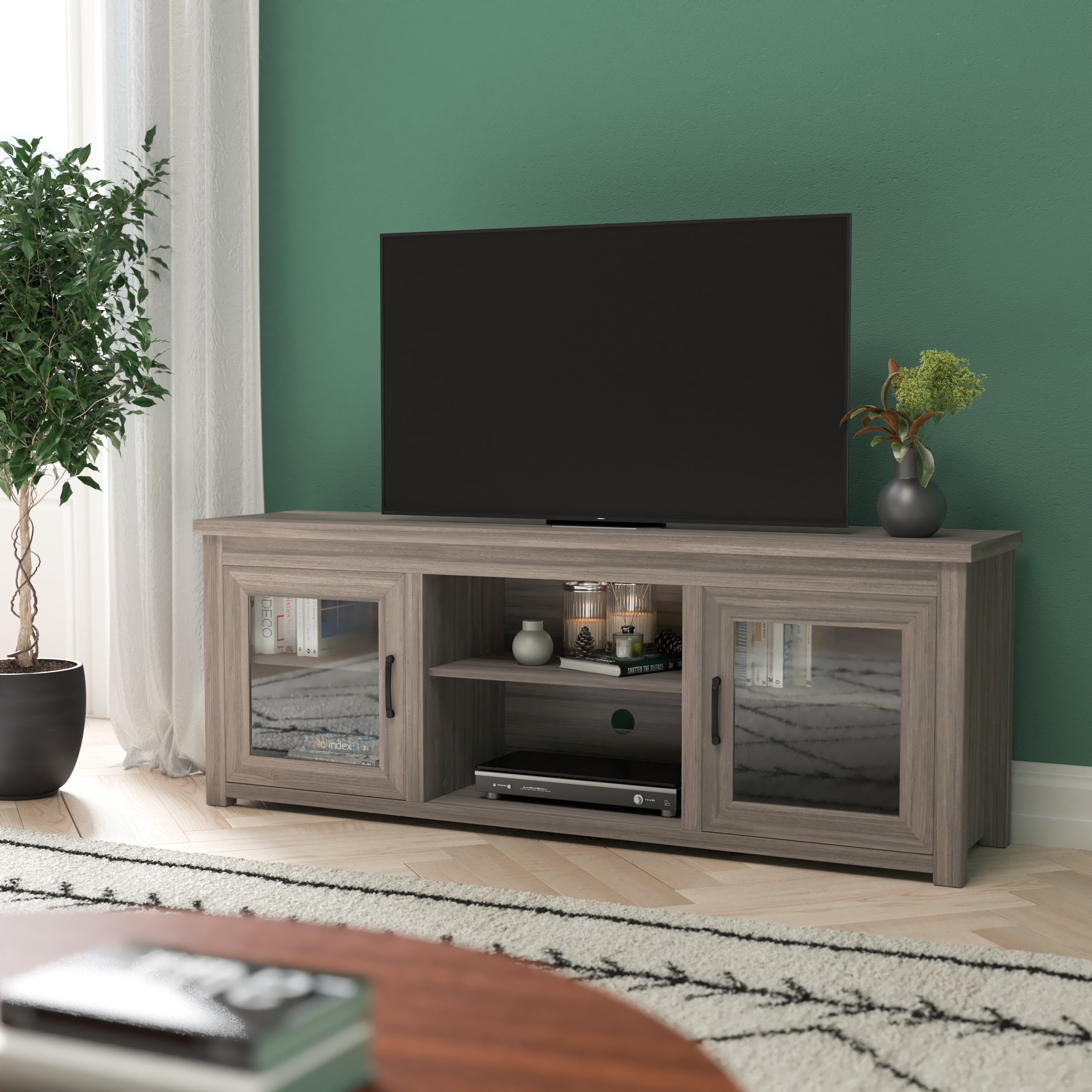 Gray Wash Oak 65" TV Stand with Glass Doors and Adjustable Shelves