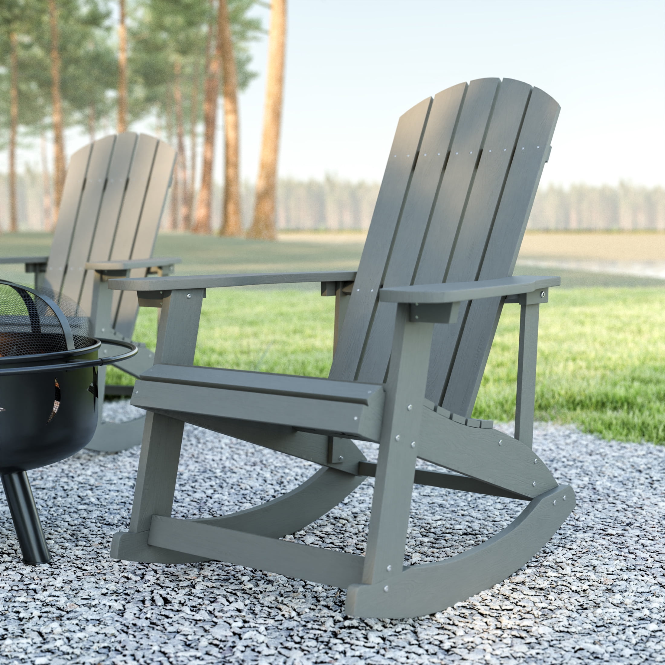 Emma + Oliver Classic All-Weather Poly Resin Rocking Adirondack Chair in Gray with Stainless Steel Hardware for Year Round Use
