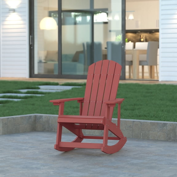 Emma + Oliver Classic All-Weather Poly Resin Rocking Adirondack Chair in Red with Stainless Steel Hardware for Year Round Use