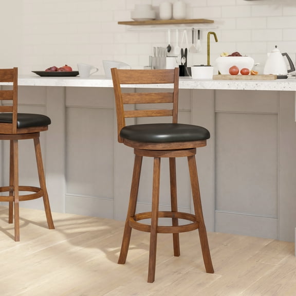 Emma + Oliver Classic Wooden Ladderback Bar Height Dining Stool with Padded Faux Leather Swivel Seat in Antique Oak