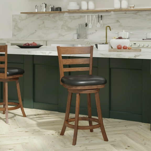 Emma + Oliver Classic Wooden Ladderback Counter Height Bar Stool with Faux Leather Swivel Seat, Oak
