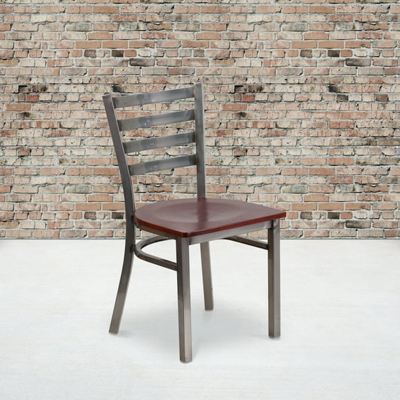 Emma + Oliver Clear Coated Ladder Back Metal Dining Chair - Mahogany Wood Seat