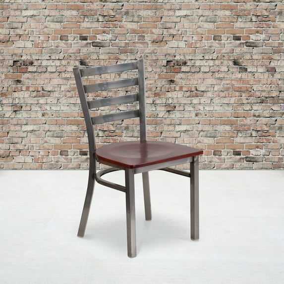 Emma + Oliver Clear Coated Ladder Back Metal Dining Chair - Mahogany Wood Seat