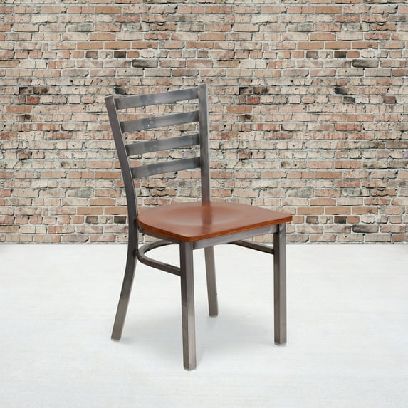Emma + Oliver Clear Coated Ladder Back Metal Restaurant Chair - Cherry Wood Seat