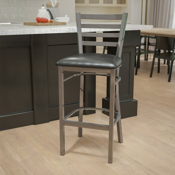 Emma + Oliver Clear Coated Metal Ladder Back Barstool, Black Vinyl Seat