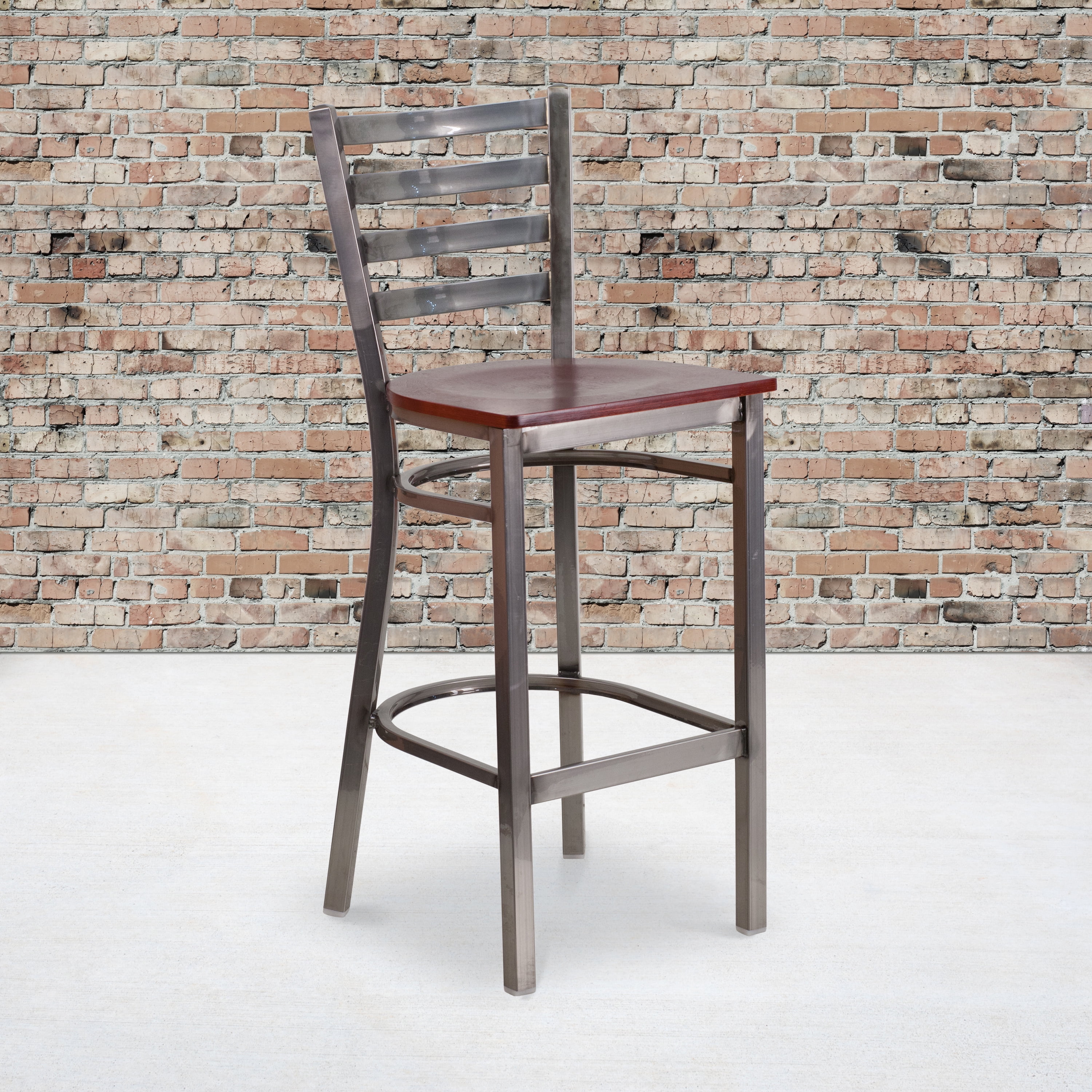 Mahogany Wood Seat Clear Coated Metal Ladder Back Barstool