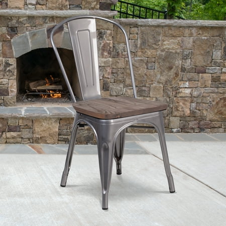 Emma + Oliver Clear Coated Metal Stackable Chair with Wood Seat