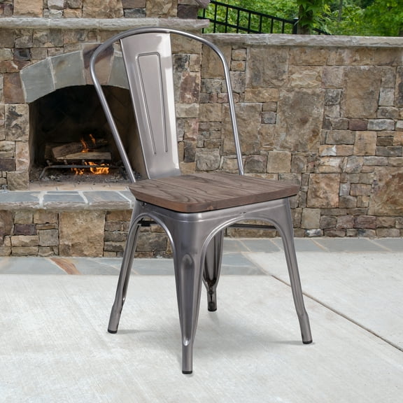 Emma + Oliver Clear Coated Metal Stackable Chair with Wood Seat