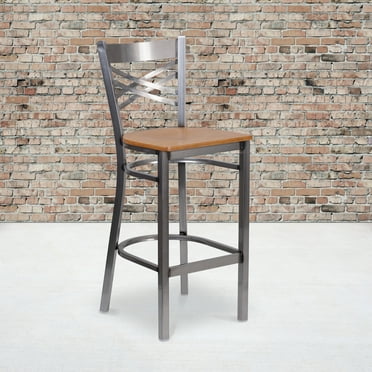 Emma + Oliver Clear Coated Metal "X" Back Barstool, Natural Wood Seat
