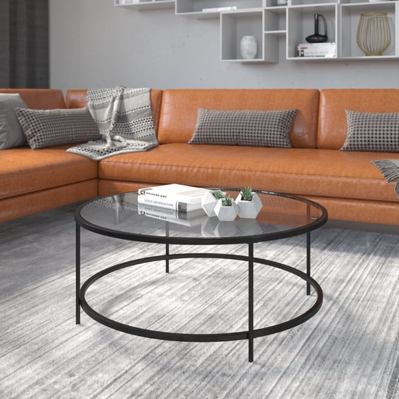 Emma + Oliver Clear Glass Living Room Coffee Table with Round Matte Black Metal Frame