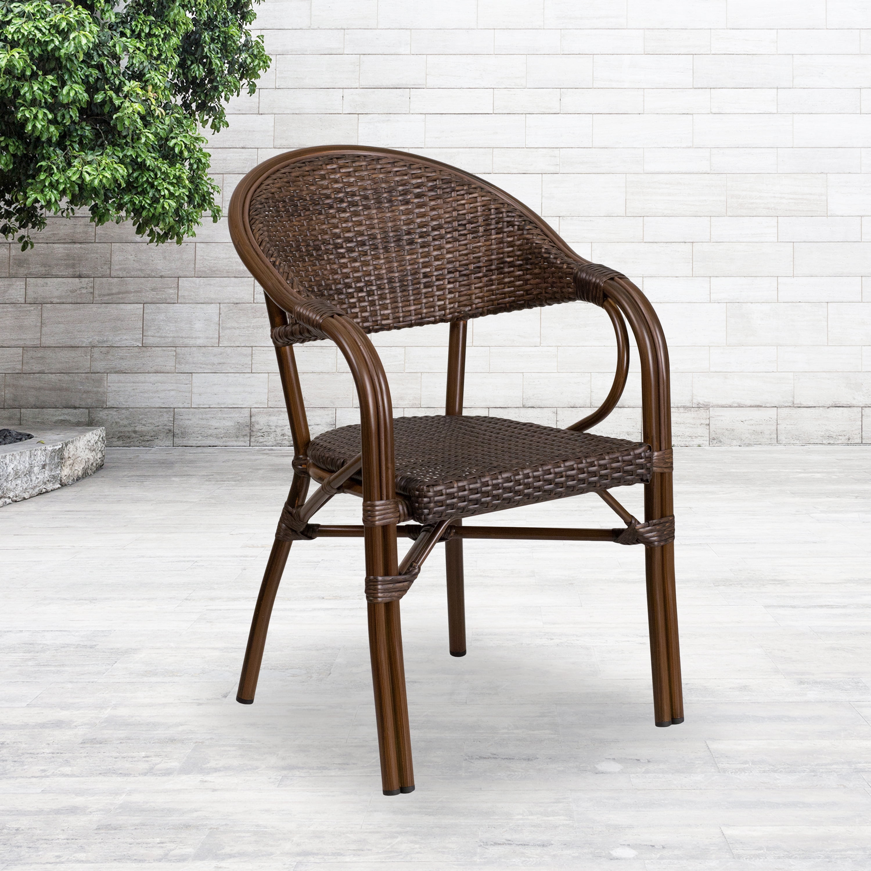 Emma + Oliver Cocoa Rattan Patio Chair with Bamboo-Aluminum Frame
