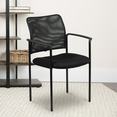 Emma + Oliver Comfort Black Mesh Stackable Steel Side Chair with Arms
