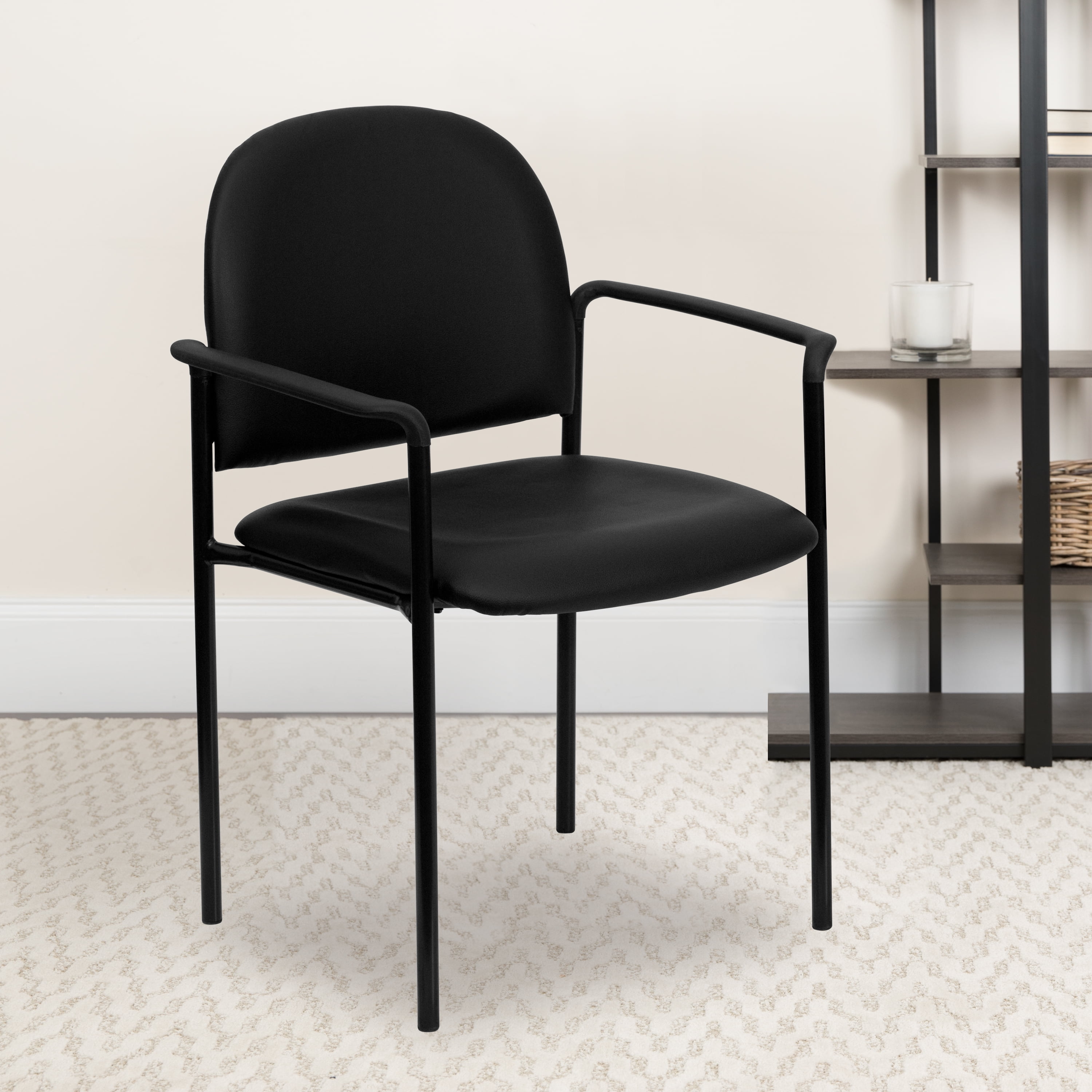 Black Vinyl Stackable Metal Reception Chair with Fixed Arms