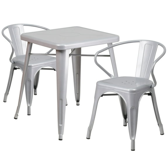 Emma + Oliver Commercial 23.75" Square Silver Metal Indoor-Outdoor Table Set-2 Arm Chairs