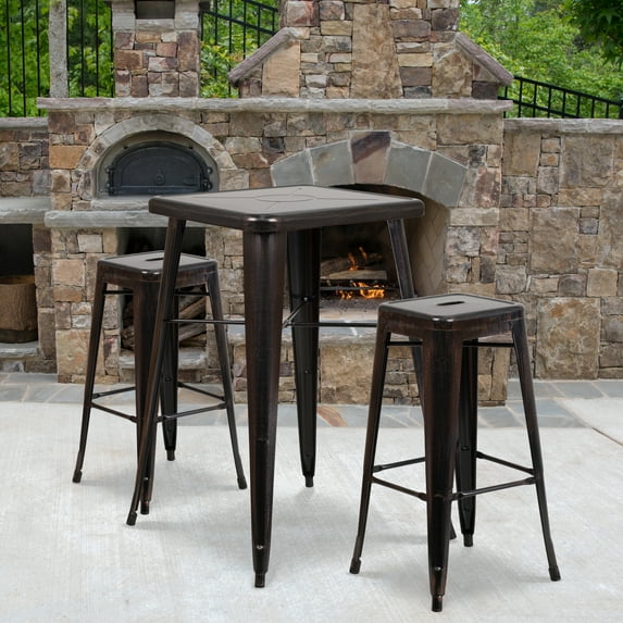 Emma + Oliver Commercial 23.75SQ Black-Antique Metal Indoor-Outdoor Bar Table Set-2 Stools