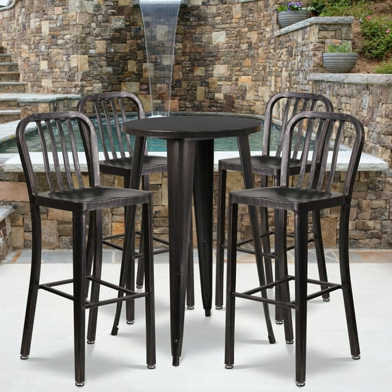 Emma + Oliver Commercial 24" Round Antique Metal Bar Table Set-4 Vertical Slat Back Stools
