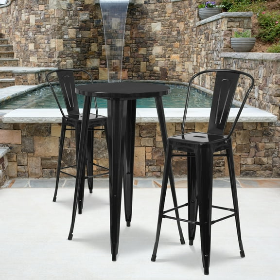 Emma + Oliver Commercial 24" Round Black Metal Indoor-Outdoor Bar Table Set-2 Cafe Stools