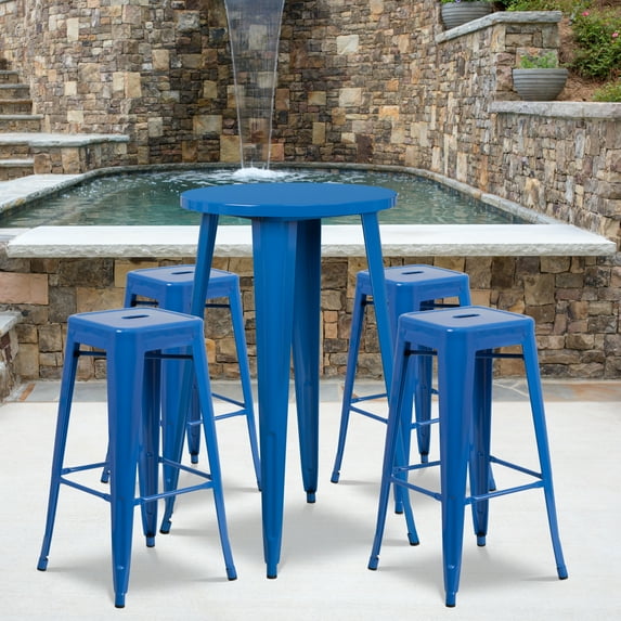 Emma + Oliver Commercial 24" Round Blue Metal Bar Table Set-4 Square Seat Backless Stools