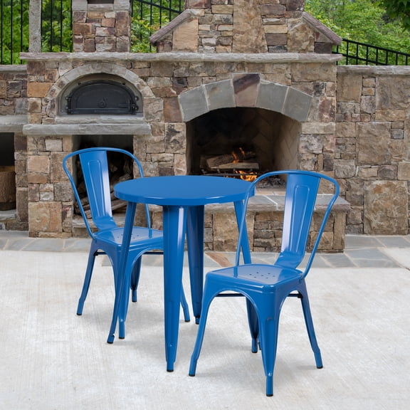 Emma + Oliver Commercial 24" Round Blue Metal Indoor-Outdoor Table Set with 2 Cafe Chairs