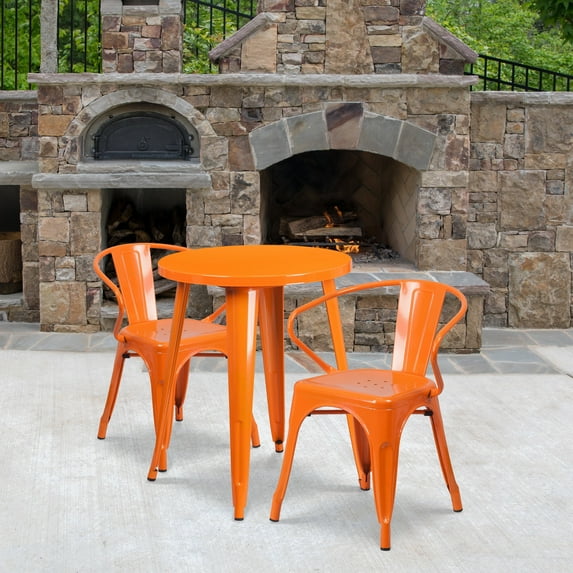 Emma + Oliver Commercial 24" Round Orange Metal Indoor-Outdoor Table Set with 2 Arm Chairs