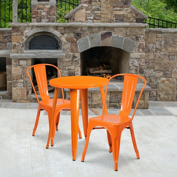 Emma + Oliver Commercial 24" Round Orange Metal Indoor-Outdoor Table Set with 2 Cafe Chairs