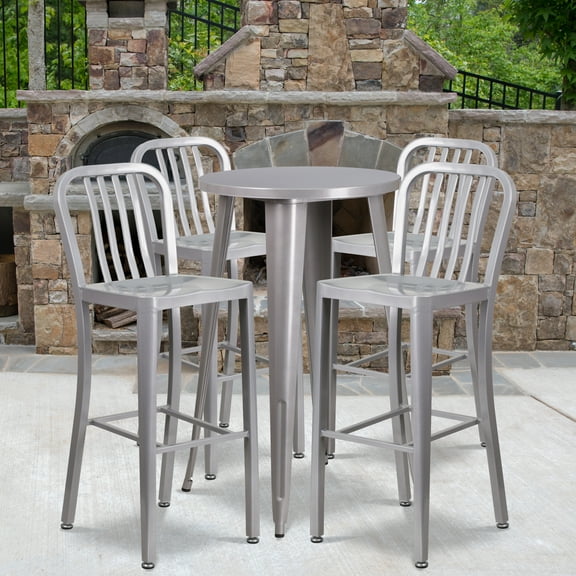 Emma + Oliver Commercial 24" Round Silver Metal Bar Table Set-4 Vertical Slat Back Stools