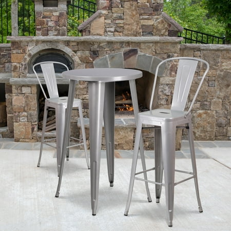 Emma + Oliver Commercial 24" Round Silver Metal Indoor-Outdoor Bar Table Set-2 Cafe Stools