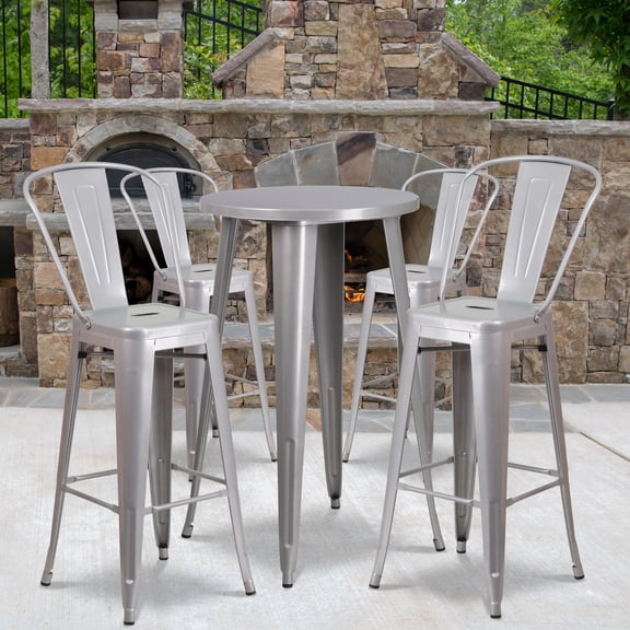 Emma + Oliver Commercial 24" Round Silver Metal Indoor-Outdoor Bar Table Set-4 Cafe Stools