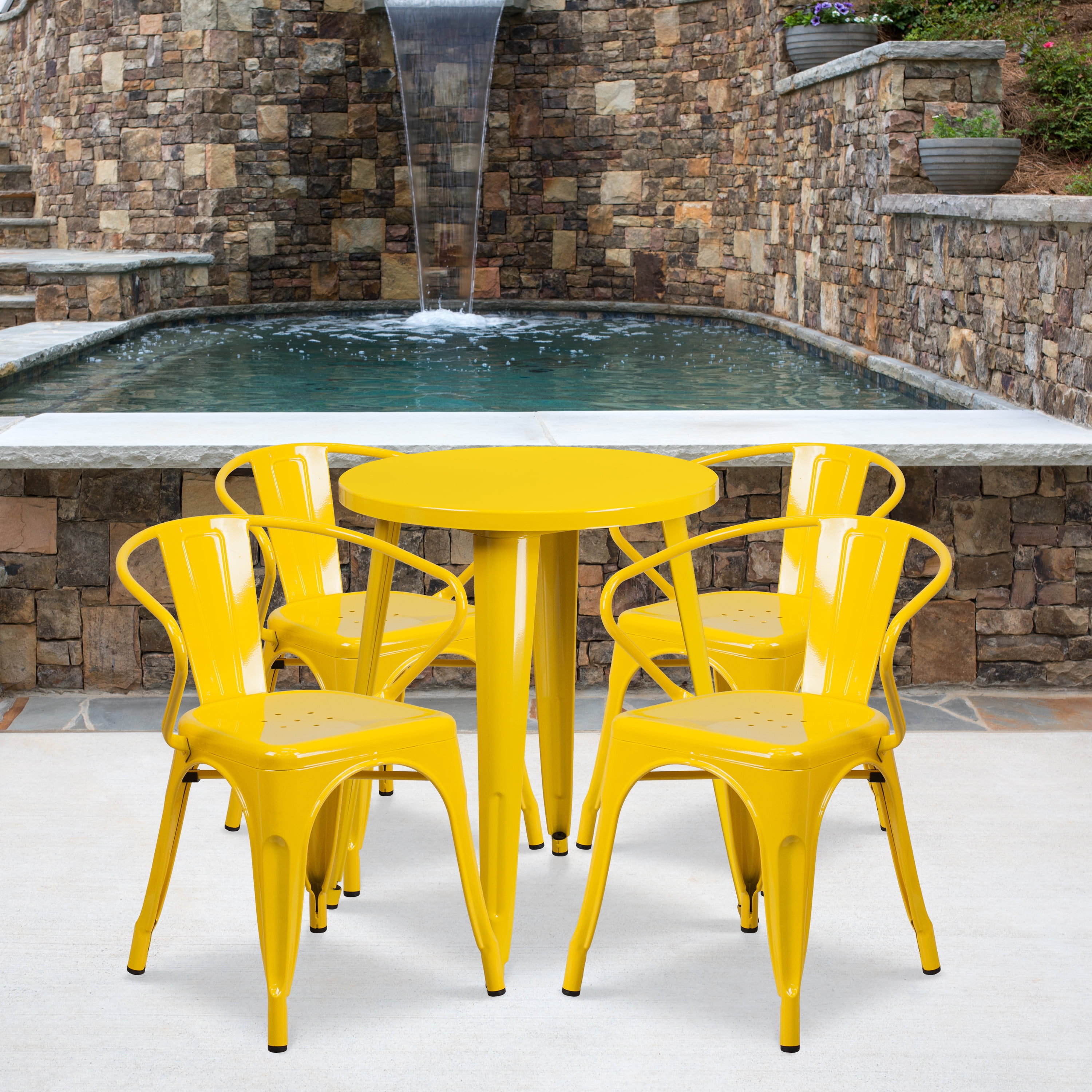 Emma Oliver Commercial 24 Round Yellow Metal Indoor Outdoor Table Set with 4 Arm Chairs