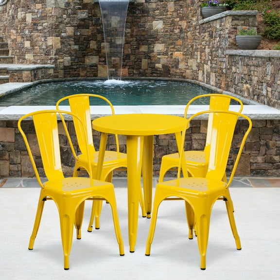 Emma + Oliver Commercial 24" Round Yellow Metal Indoor-Outdoor Table Set with 4 Cafe Chairs