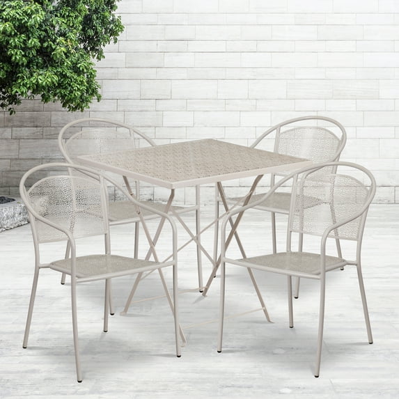 Emma + Oliver Commercial 28" Square Light Gray Folding Patio Table Set-4 Round Back Chairs