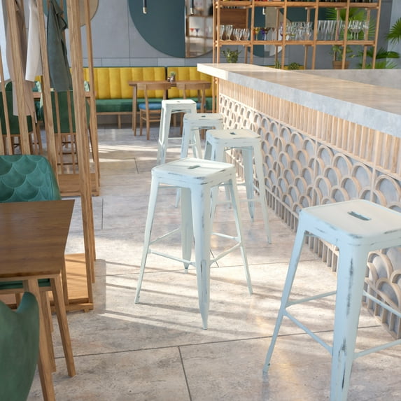 Emma + Oliver Commercial 30"H Backless Distressed Green-Blue Metal Indoor-Outdoor Barstool