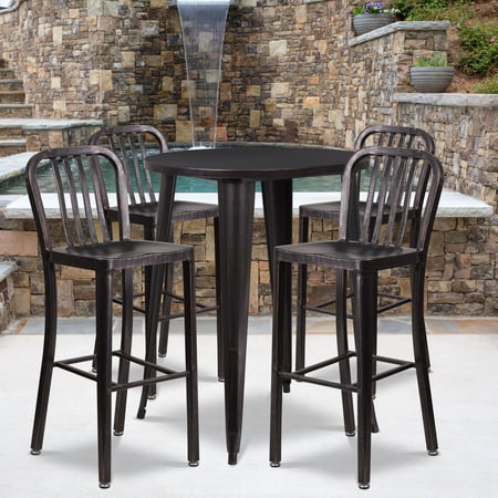Emma + Oliver Commercial 30" Round Antique Metal Bar Table Set-4 Vertical Slat Back Stools