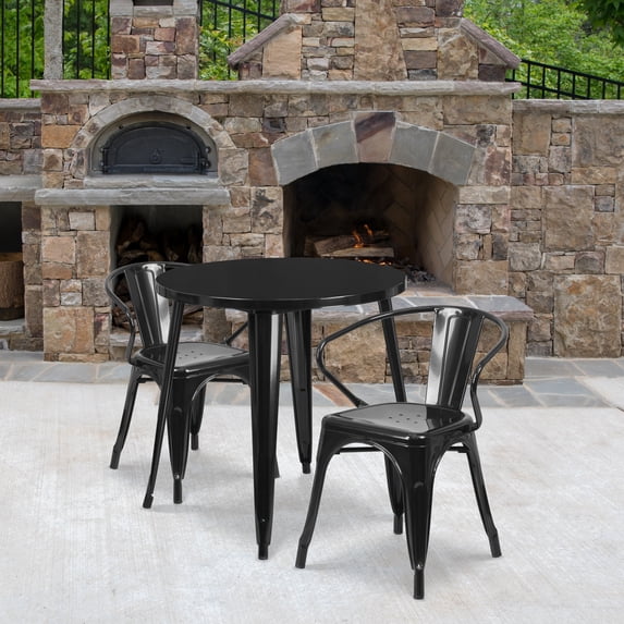 Emma + Oliver Commercial 30" Round Black Metal Indoor-Outdoor Table Set with 2 Arm Chairs