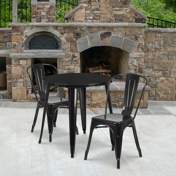 Emma + Oliver Commercial 30" Round Black Metal Indoor-Outdoor Table Set with 2 Cafe Chairs