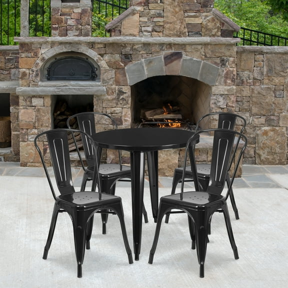 Emma + Oliver Commercial 30" Round Black Metal Indoor-Outdoor Table Set with 4 Cafe Chairs