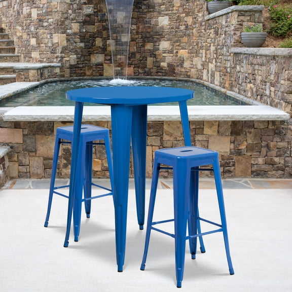 Emma + Oliver Commercial 30" Round Blue Metal Bar Table Set-2 Square Seat Backless Stools