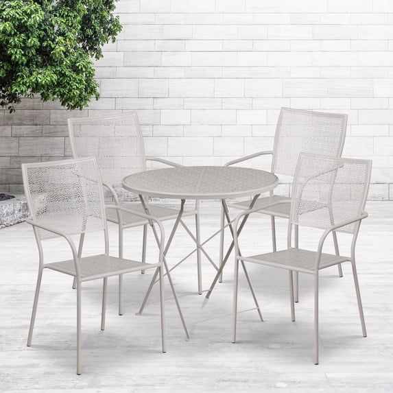 Emma + Oliver Commercial 30" Round Light Gray Folding Patio Table Set-4 Square Back Chairs