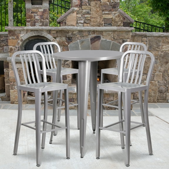 Emma + Oliver Commercial 30" Round Silver Metal Bar Table Set-4 Vertical Slat Back Stools