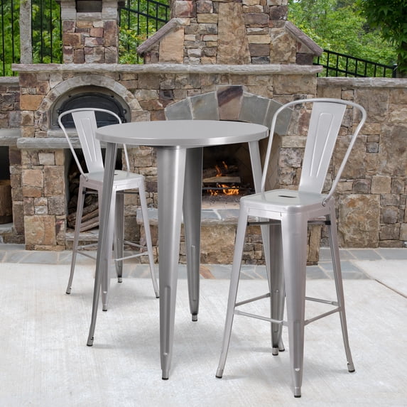 Emma + Oliver Commercial 30" Round Silver Metal Indoor-Outdoor Bar Table Set-2 Cafe Stools