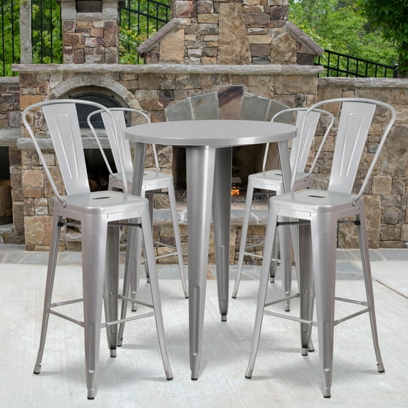 Emma + Oliver Commercial 30" Round Silver Metal Indoor-Outdoor Bar Table Set-4 Cafe Stools